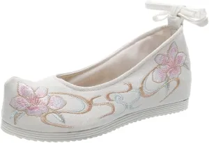 1 Pair Women Hanfu Shoes Chinese Embroidered Flower Flat Retro Ethnic Slope- Heel Shoes Vintage Floral Silk Shoes