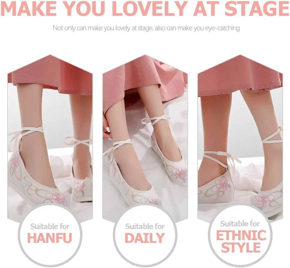 1 Pair Women Hanfu Shoes Chinese Embroidered Flower Flat Retro Ethnic Slope- Heel Shoes Vintage Floral Silk Shoes