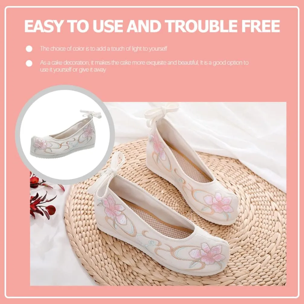 1 Pair Women Hanfu Shoes Chinese Embroidered Flower Flat Retro Ethnic Slope- Heel Shoes Vintage Floral Silk Shoes