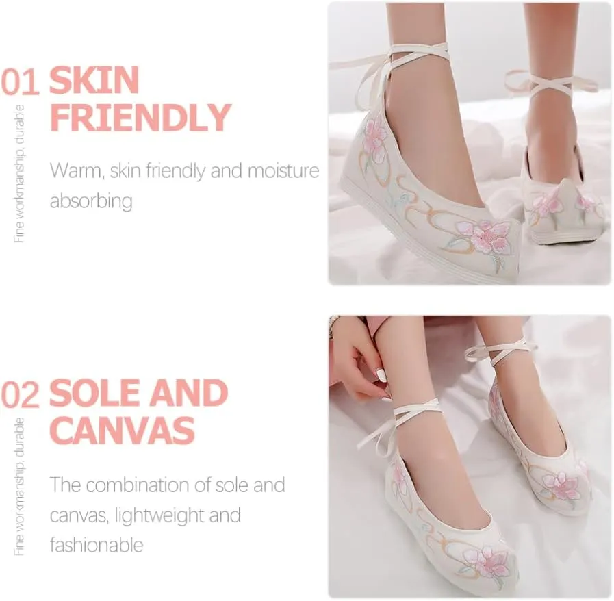 1 Pair Women Hanfu Shoes Chinese Embroidered Flower Flat Retro Ethnic Slope- Heel Shoes Vintage Floral Silk Shoes
