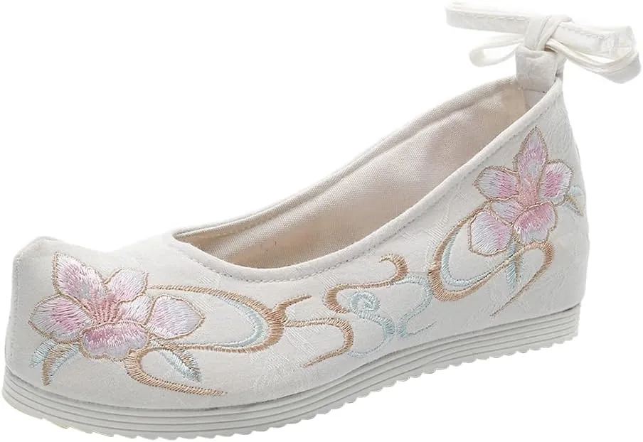 1 Pair Women Hanfu Shoes Chinese Embroidered Flower Flat Retro Ethnic Slope- Heel Shoes Vintage Floral Silk Shoes