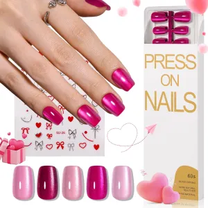 150pcs Pink Cat Eye Press on Nails Short Square set, 5 Color Neon Hot Pink Galaxy Magnetic Gel Nails with Heart Nail Stickers for Valentine's Day, Pre-Builded Fake Nails Manicure Kit for Women