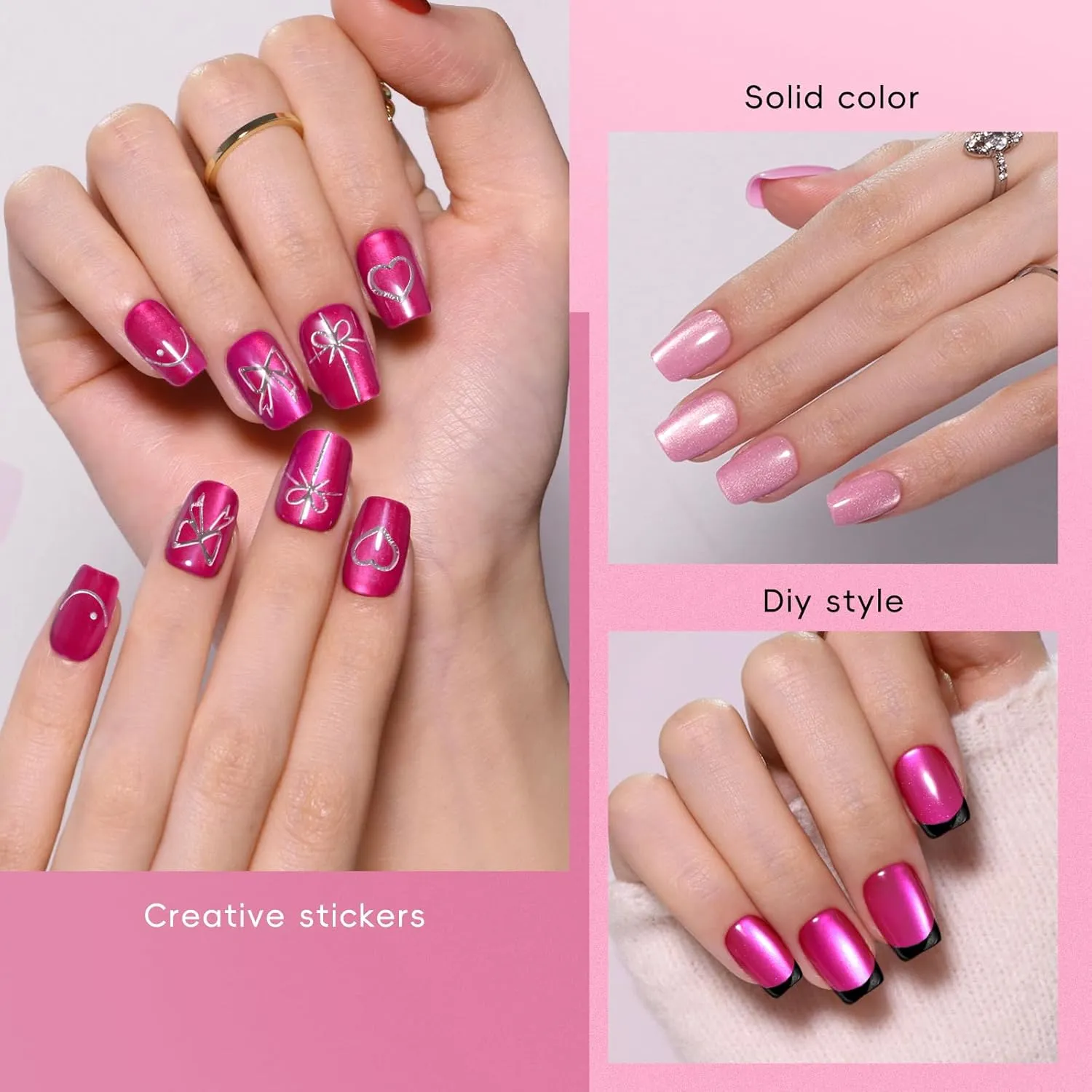 150pcs Pink Cat Eye Press on Nails Short Square set, 5 Color Neon Hot Pink Galaxy Magnetic Gel Nails with Heart Nail Stickers for Valentine's Day, Pre-Builded Fake Nails Manicure Kit for Women