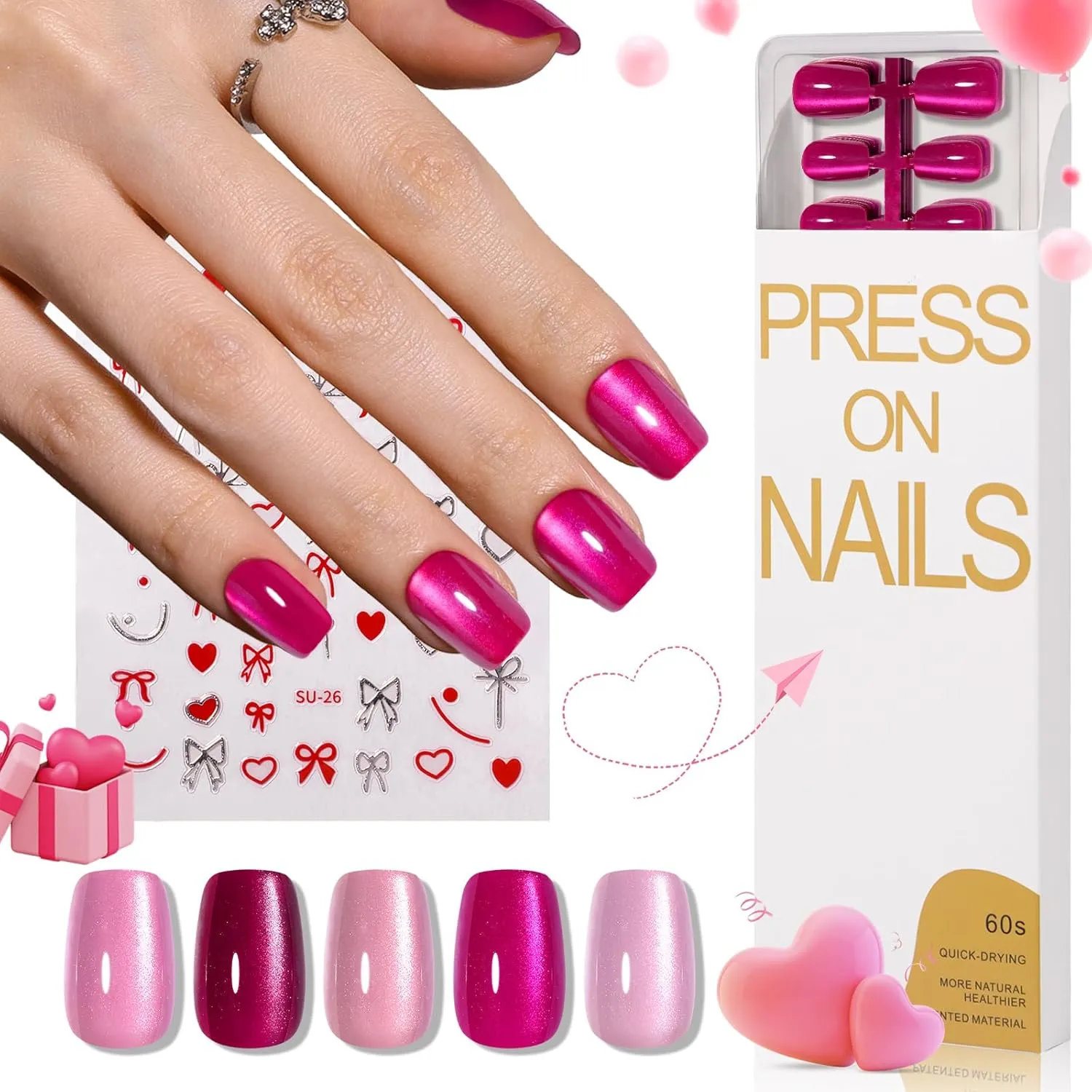 150pcs Pink Cat Eye Press on Nails Short Square set, 5 Color Neon Hot Pink Galaxy Magnetic Gel Nails with Heart Nail Stickers for Valentine's Day, Pre-Builded Fake Nails Manicure Kit for Women