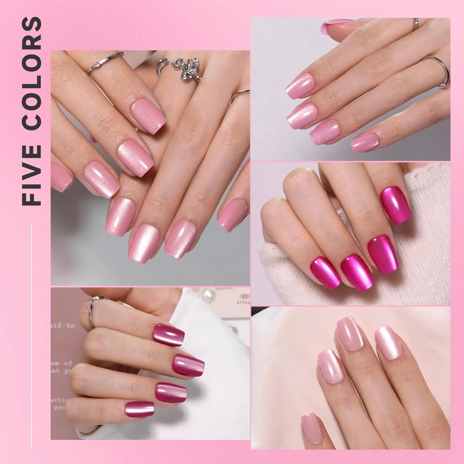 150pcs Pink Cat Eye Press on Nails Short Square set, 5 Color Neon Hot Pink Galaxy Magnetic Gel Nails with Heart Nail Stickers for Valentine's Day, Pre-Builded Fake Nails Manicure Kit for Women