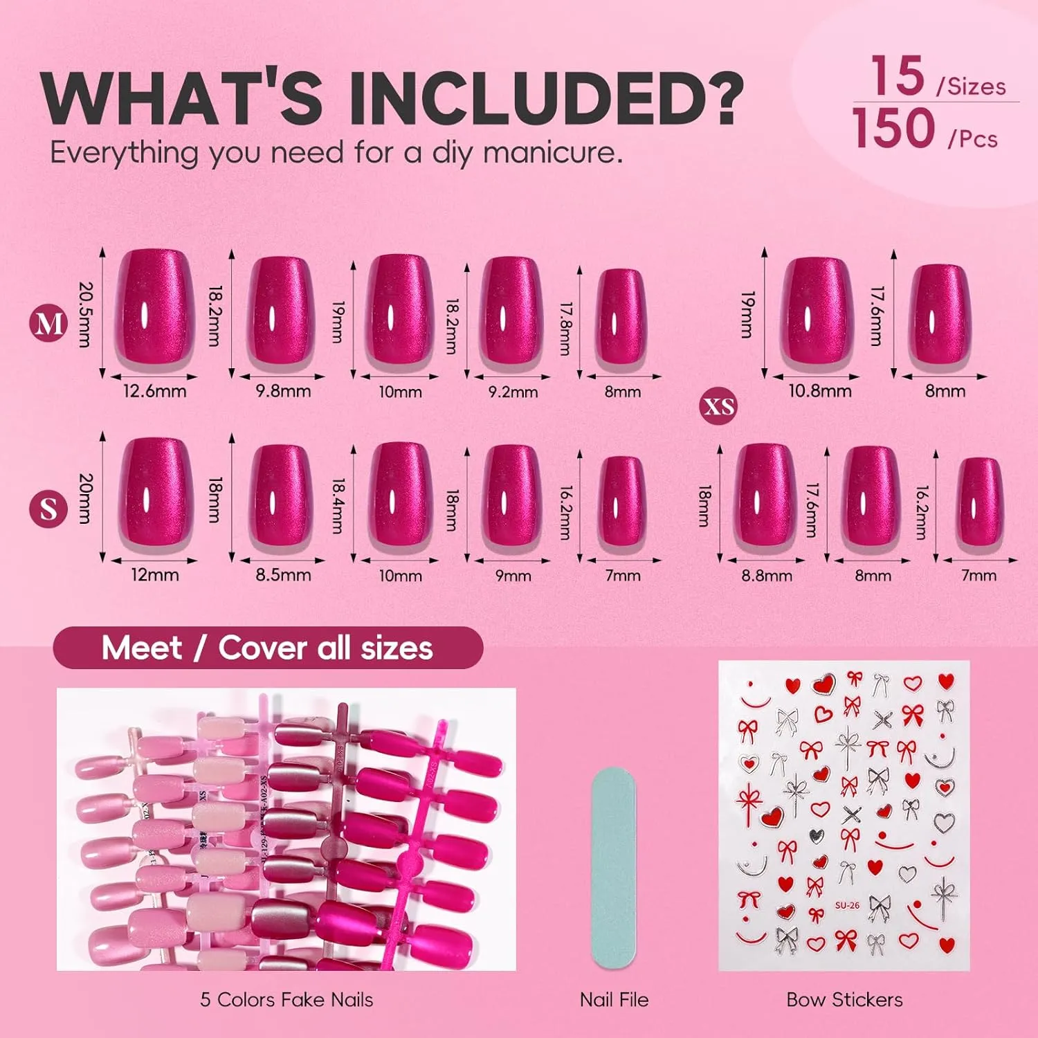 150pcs Pink Cat Eye Press on Nails Short Square set, 5 Color Neon Hot Pink Galaxy Magnetic Gel Nails with Heart Nail Stickers for Valentine's Day, Pre-Builded Fake Nails Manicure Kit for Women