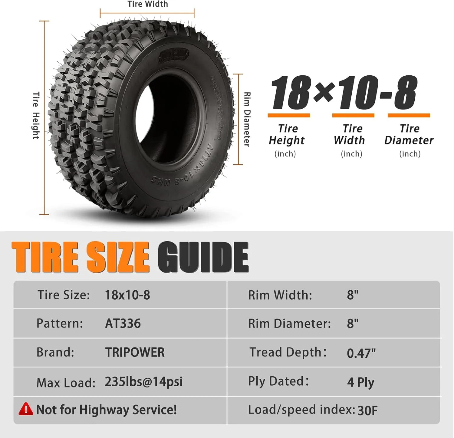 18x10-8 ATV Rear Tires 4PR 18x10x8 Lawn Mower All Terrain Off-Road Tire, Turf Mud Sand Trail Tires, Tubeless, Set of 2