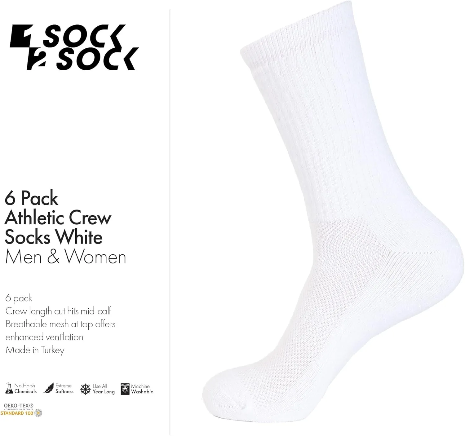 1SOCK2SOCK 6 Pack Athletic Performance Crew Socks For Men and Women - Soft Cotton Blend with Moisture Wicking, Arch Support