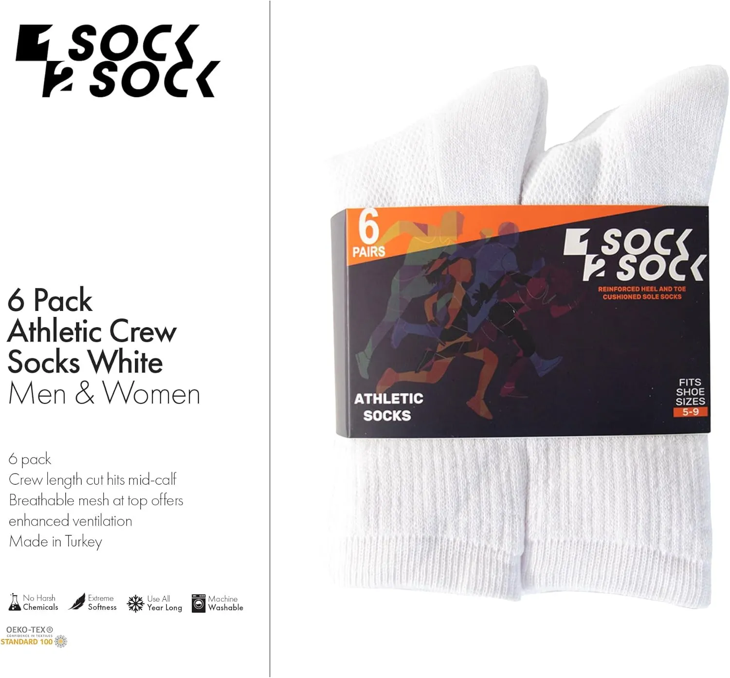 1SOCK2SOCK 6 Pack Athletic Performance Crew Socks For Men and Women - Soft Cotton Blend with Moisture Wicking, Arch Support