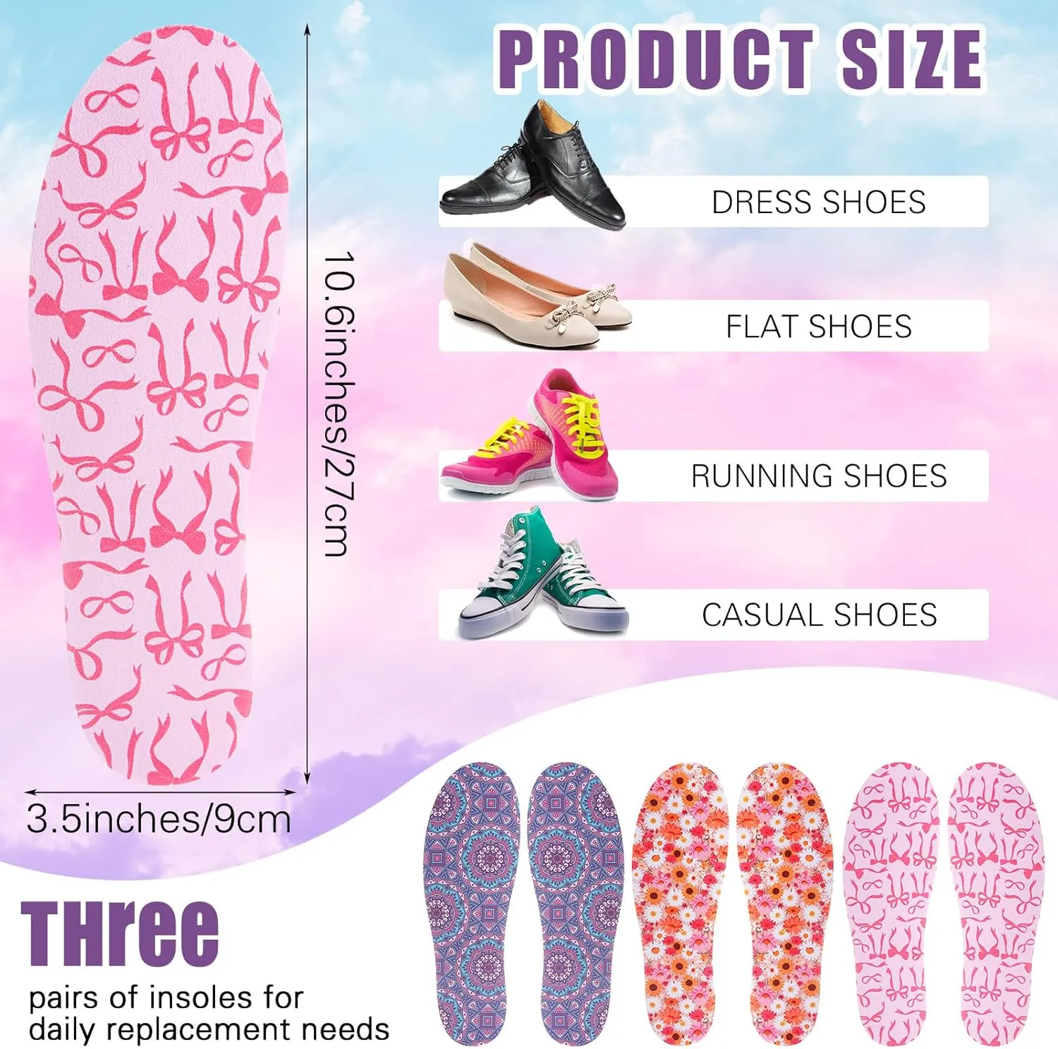 3 Pairs No Show Socks Sockless Shoe Liner Washable Barefoot Shoe Insoles No Slipping Inserts(Fresh Style)