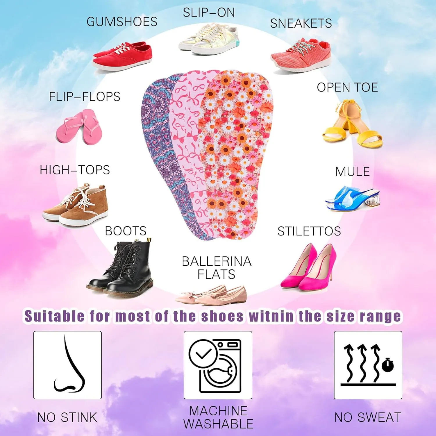 3 Pairs No Show Socks Sockless Shoe Liner Washable Barefoot Shoe Insoles No Slipping Inserts(Fresh Style)