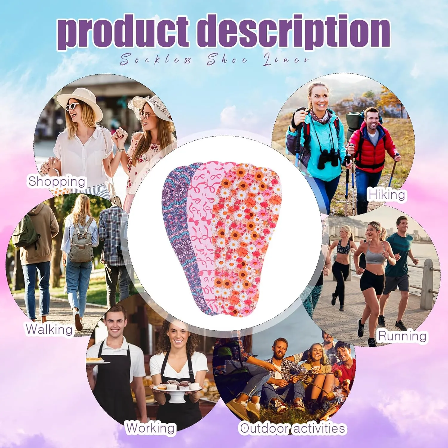 3 Pairs No Show Socks Sockless Shoe Liner Washable Barefoot Shoe Insoles No Slipping Inserts(Fresh Style)