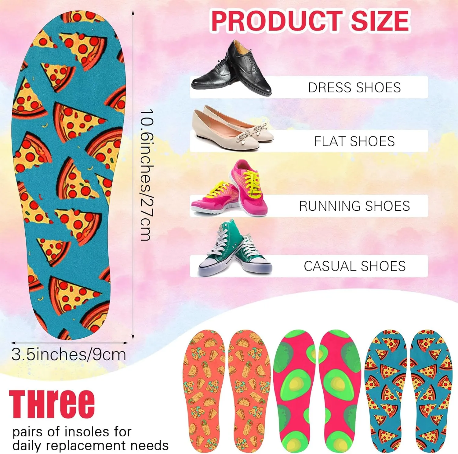 3 Pairs No Show Socks Sockless Shoe Liner Washable Barefoot Shoe Insoles No Slipping Inserts(Fruit Style)