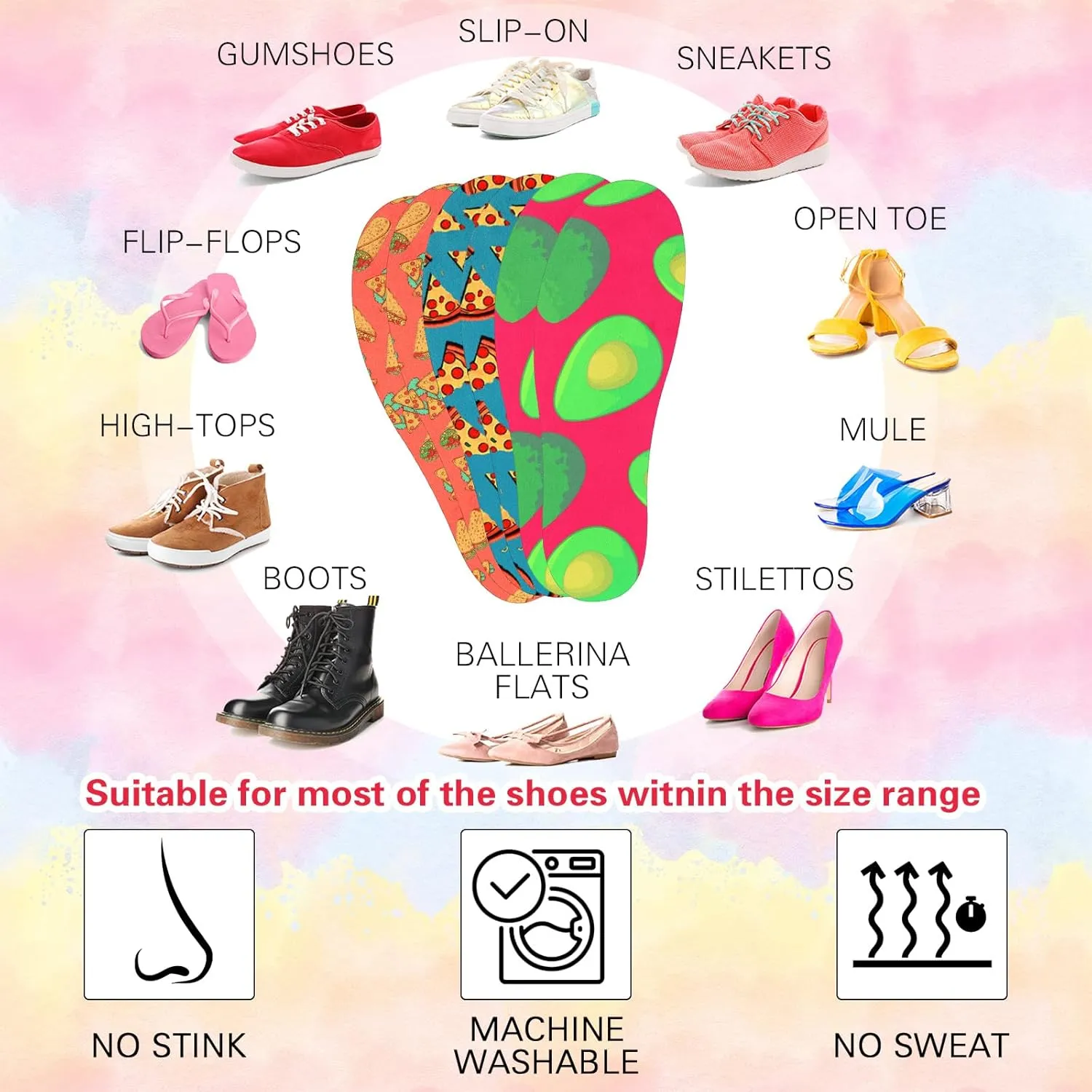 3 Pairs No Show Socks Sockless Shoe Liner Washable Barefoot Shoe Insoles No Slipping Inserts(Fruit Style)
