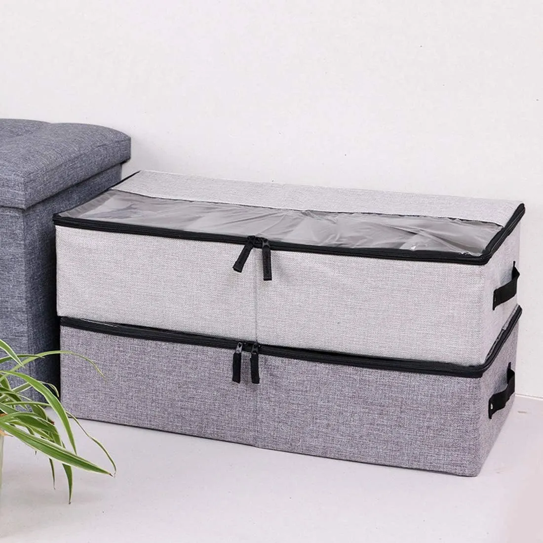 AARAINBOW 2 Packs Foldable Under Bed Clothes Organizer with Lids, Underbed Storage Container with Adjustable Dividers, UnderBed Storage Bins with Handles and Clear Window (Gray Light Gray)