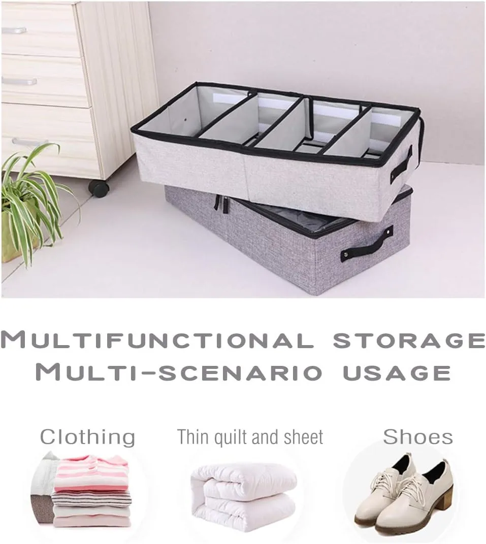 AARAINBOW 2 Packs Foldable Under Bed Clothes Organizer with Lids, Underbed Storage Container with Adjustable Dividers, UnderBed Storage Bins with Handles and Clear Window (Gray Light Gray)