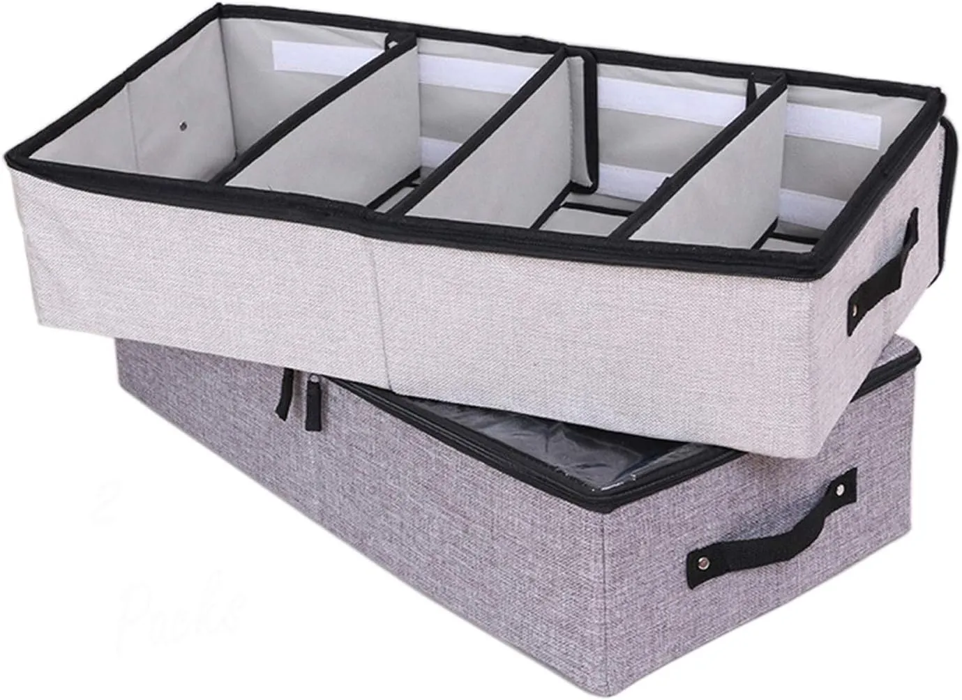 AARAINBOW 2 Packs Foldable Under Bed Clothes Organizer with Lids, Underbed Storage Container with Adjustable Dividers, UnderBed Storage Bins with Handles and Clear Window (Gray Light Gray)
