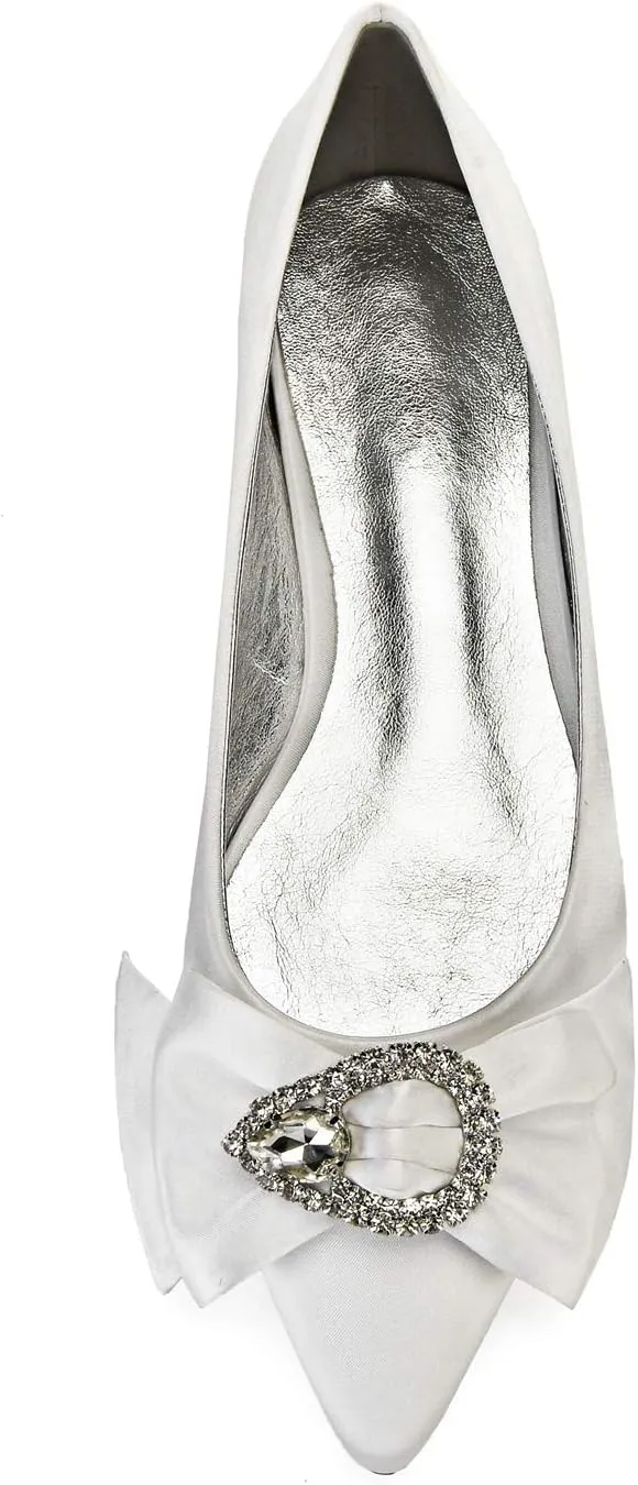 ADMLZQQ Women's Rhinestone Flat Wedding Shoes for Bride Satin Pointed Toe Comfortable Bridal Dress Shoes
