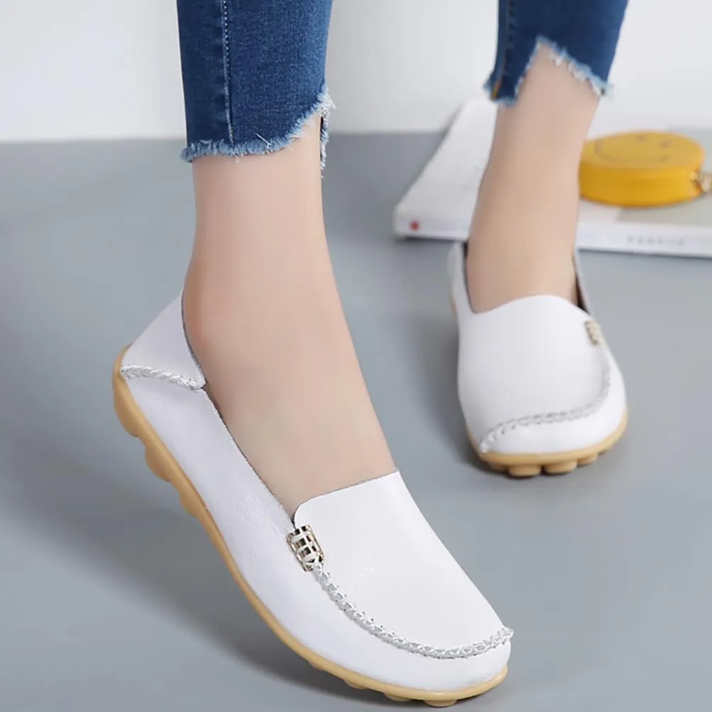 AIFLM Women's Moccasin Casual Mom's Shoes Women's Two Layer Cowhide Nurse Shoes Comfortable Loafer Walking and Driving Work Shoes Flat Bottom Gift for Women