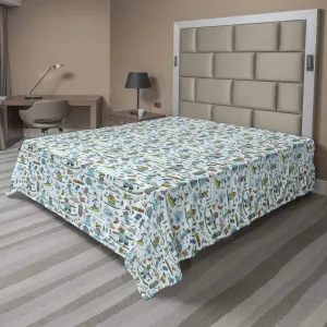 Ambesonne Winter Flat Sheet, Seasonal Sports Skiing Boy Mountain Ice Snowman Alpine Vacation Childish Theme, Soft Comfortable Top Sheet Decorative Bedding 1 Piece, King Size, Multicolor