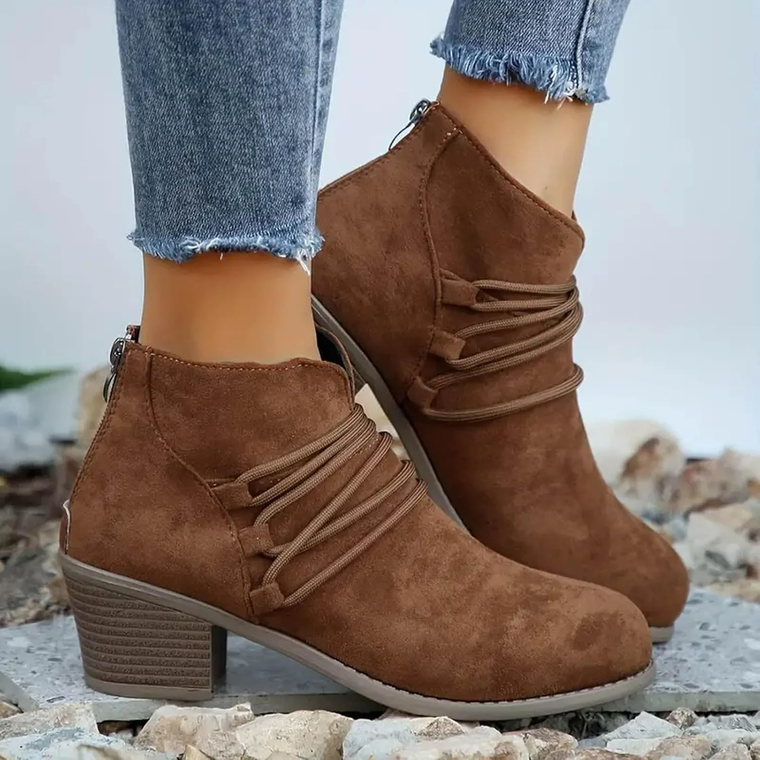 AMDBEL Boots for Women Ankle Booties Comfortable Low Heel Side Zipper Pointd Toe Suede Fall Winter Short Boots Fashion Shoes