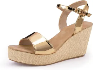 Ankle Strap Espadrille Platform Wedge Sandals for Women, Open Toe Wedge Heels for Women Dressy, Black/Gold
