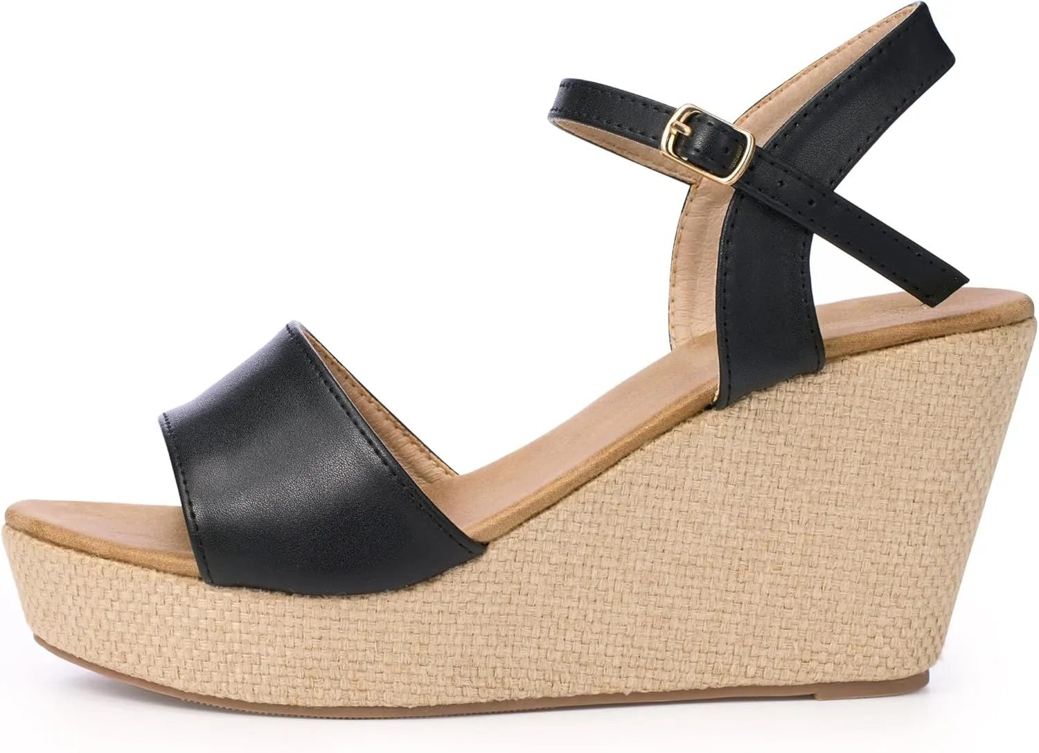 Ankle Strap Espadrille Platform Wedge Sandals for Women, Open Toe Wedge Heels for Women Dressy, Black/Gold