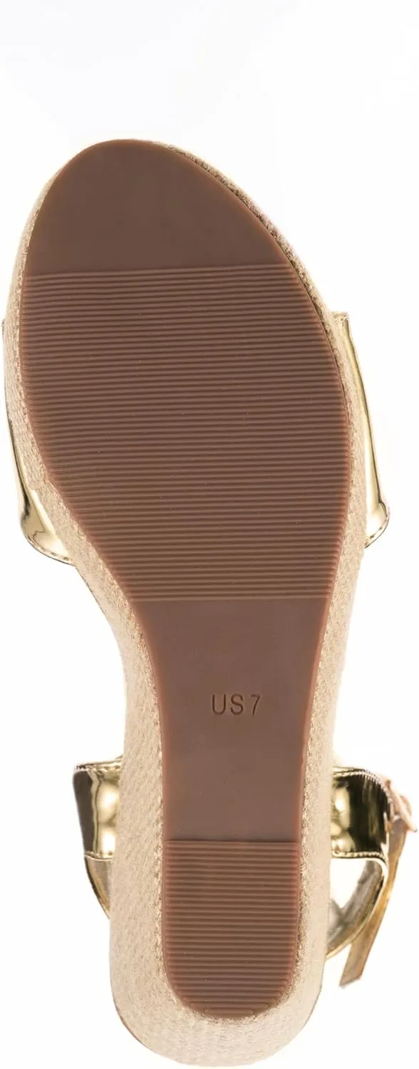 Ankle Strap Espadrille Platform Wedge Sandals for Women, Open Toe Wedge Heels for Women Dressy, Black/Gold