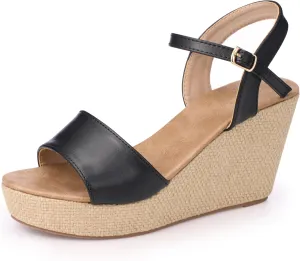 Ankle Strap Espadrille Platform Wedge Sandals for Women, Open Toe Wedge Heels for Women Dressy, Black/Gold