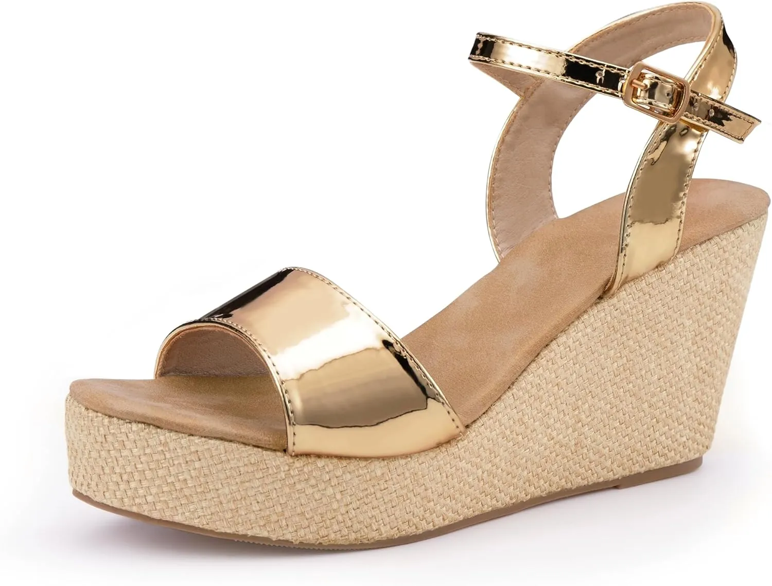 Ankle Strap Espadrille Platform Wedge Sandals for Women, Open Toe Wedge Heels for Women Dressy, Black/Gold