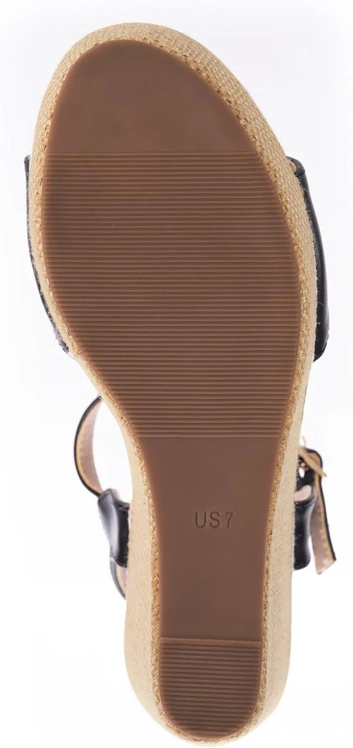 Ankle Strap Espadrille Platform Wedge Sandals for Women, Open Toe Wedge Heels for Women Dressy, Black/Gold