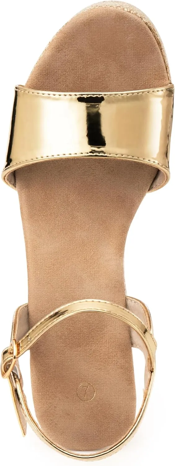 Ankle Strap Espadrille Platform Wedge Sandals for Women, Open Toe Wedge Heels for Women Dressy, Black/Gold