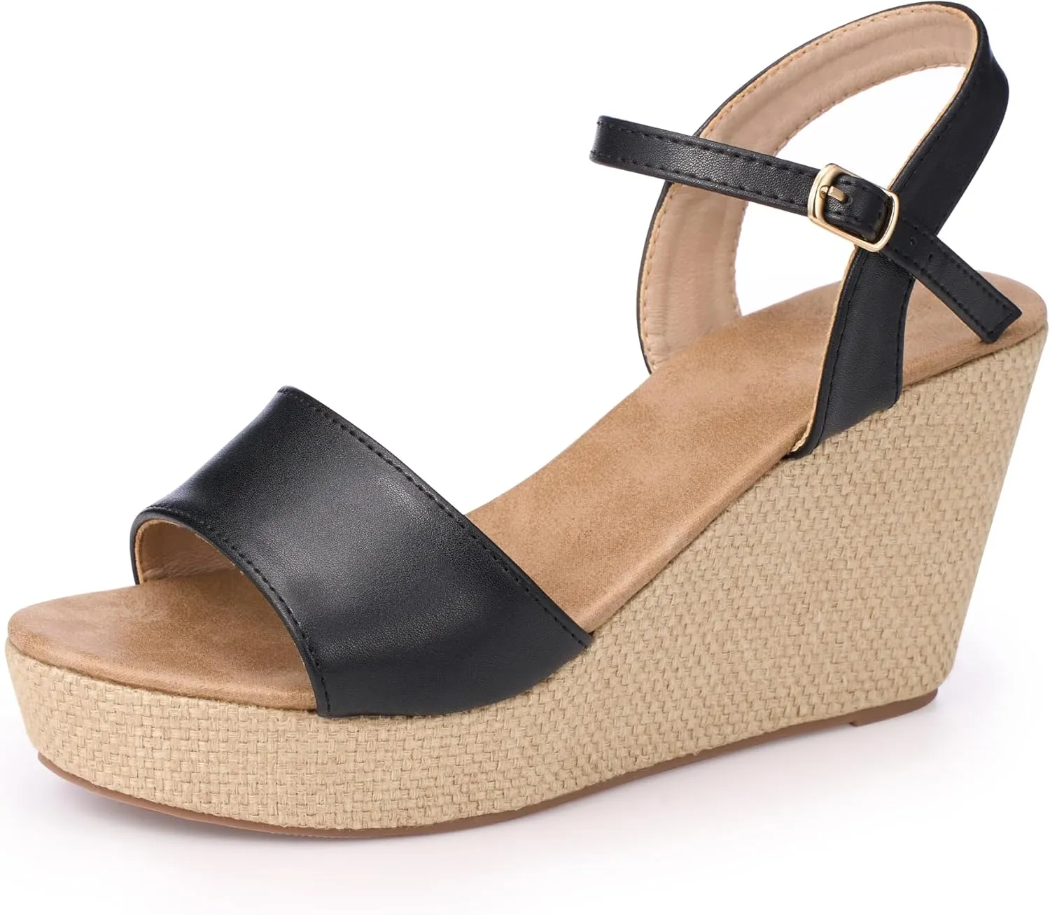 Ankle Strap Espadrille Platform Wedge Sandals for Women, Open Toe Wedge Heels for Women Dressy, Black/Gold
