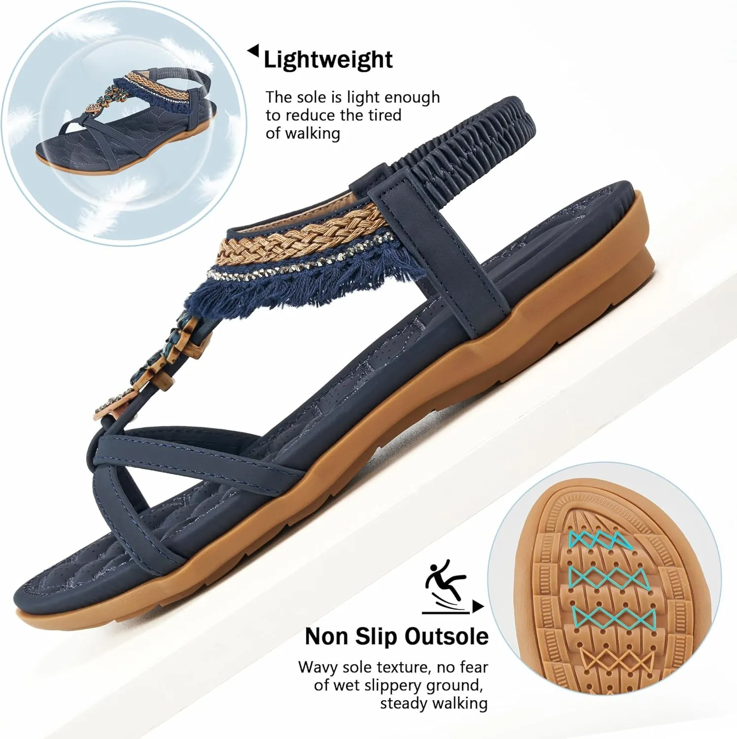 Aomigoct Womens Sandals Flats Shoes: Dressy Summer Flat Sandals for Women Open Toe - Bohemian Casual Beach Shoes Elastic Ankle Strap