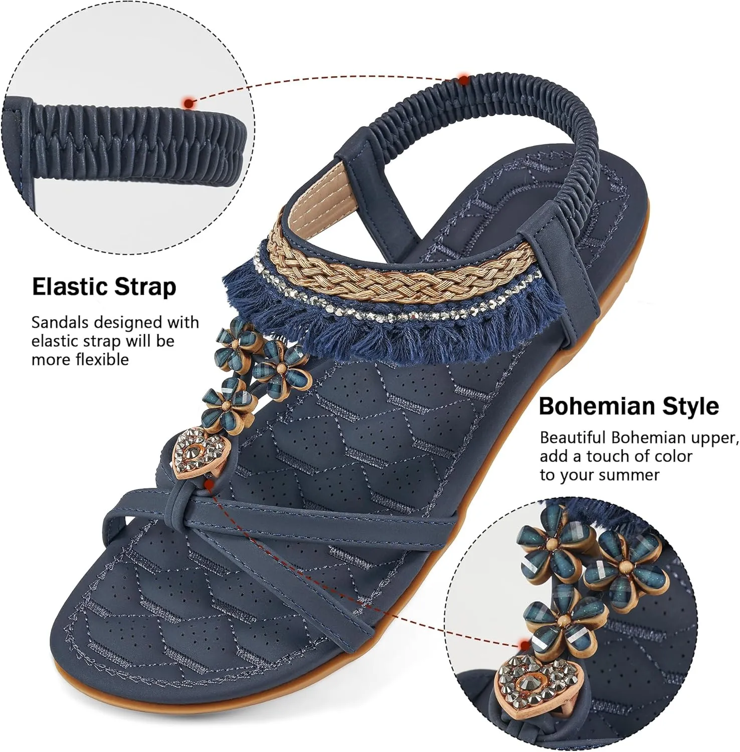 Aomigoct Womens Sandals Flats Shoes: Dressy Summer Flat Sandals for Women Open Toe - Bohemian Casual Beach Shoes Elastic Ankle Strap