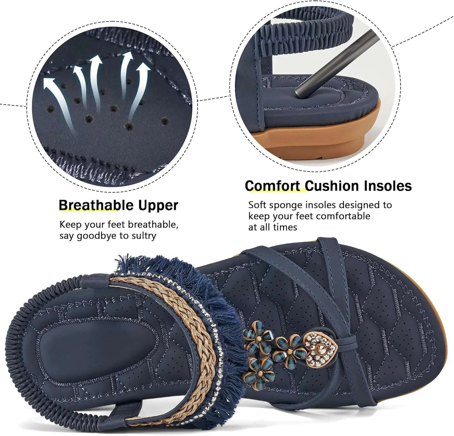 Aomigoct Womens Sandals Flats Shoes: Dressy Summer Flat Sandals for Women Open Toe - Bohemian Casual Beach Shoes Elastic Ankle Strap