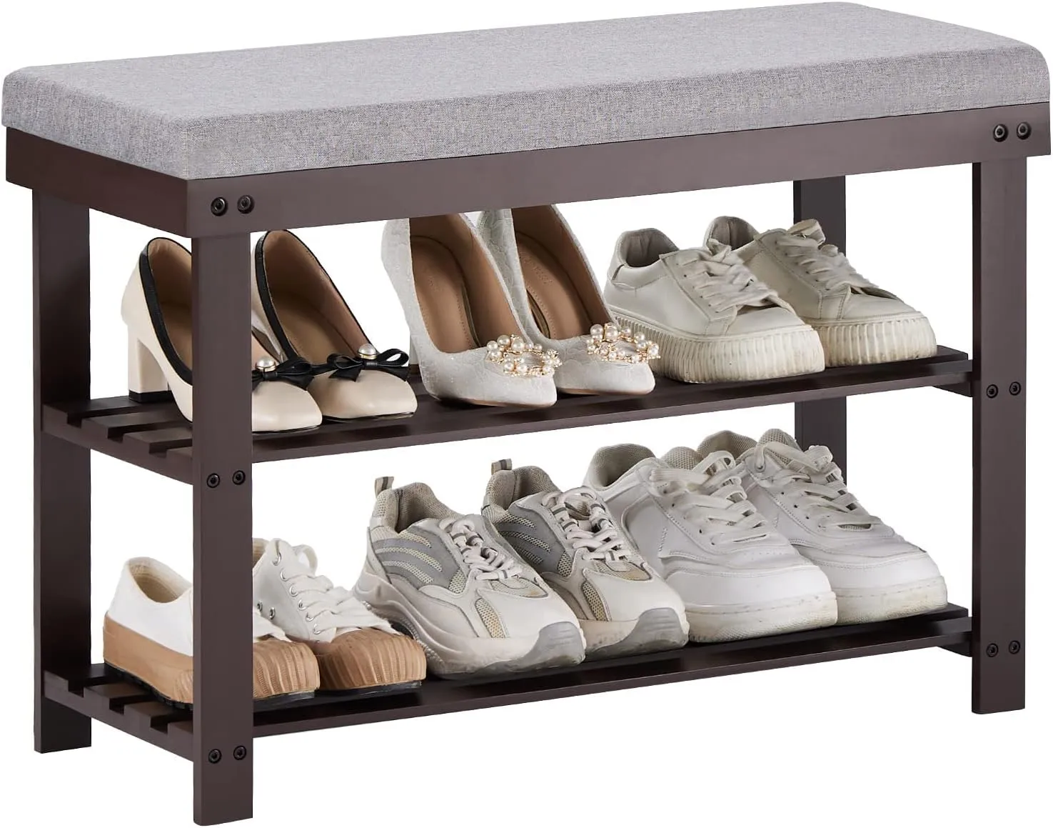 Apicizon 3-Tier Shoe Rack for Entryway, Bamboo Shoe Bench with Cushion Padded Seat, Small Shoe Organizer with Storage for Indoor Entrance Hallway Bedroom Living Room, Brown