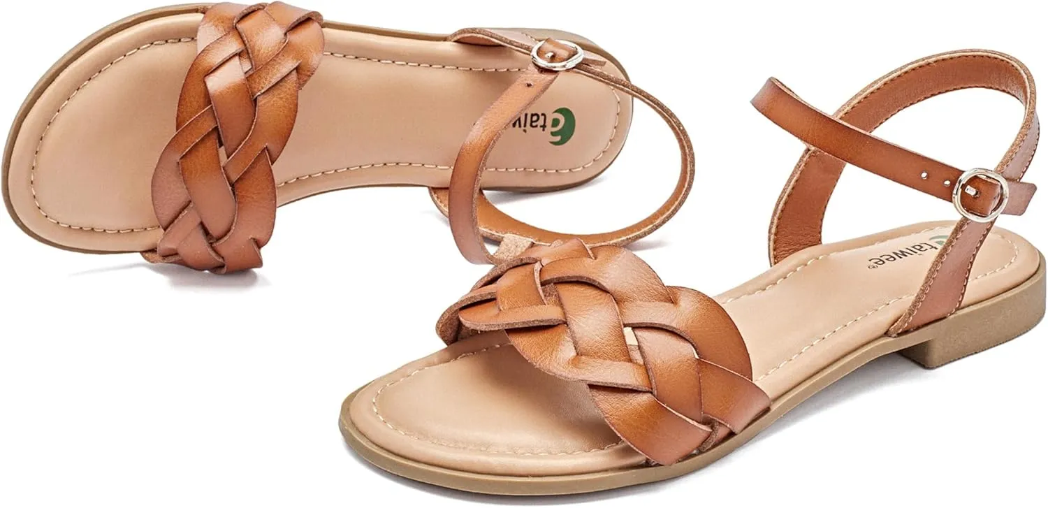 Ataiwee Women's Slide Flat Sandals - Comfortable Slip On Plait Toe Thong Strappy Spring Summer Shoes.