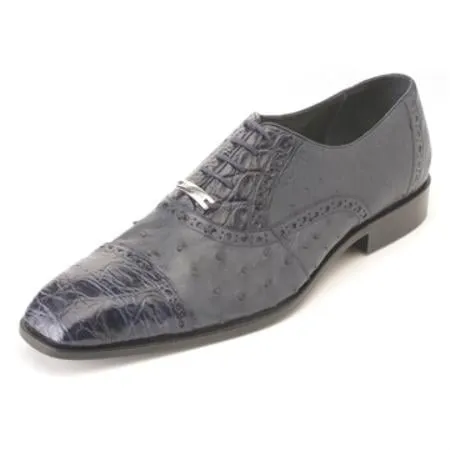 Authentic Genuine Skin Italian Men's Navy Ostrich & Crocodile ~ World Best Alligator Shoe ~ Gator Skin Mens Ostrich Skin Shoe