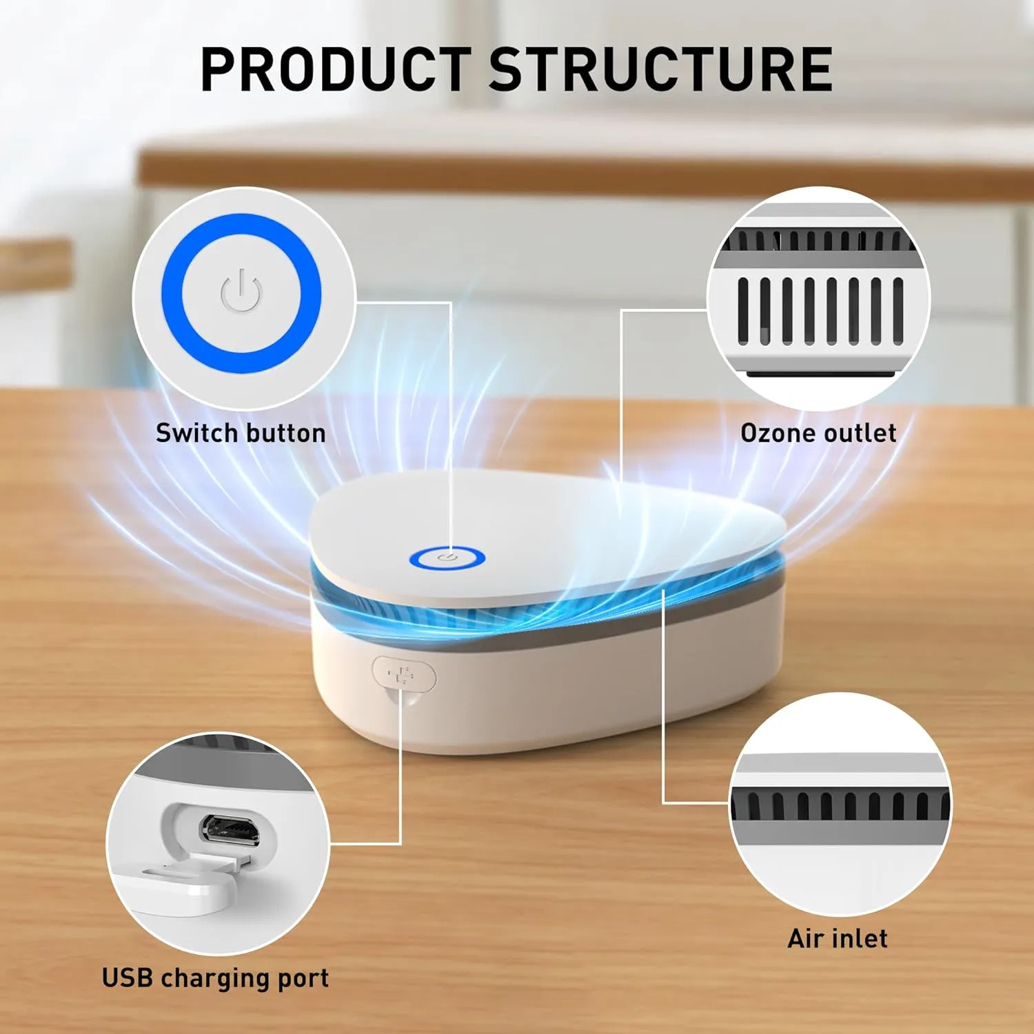 Battery Powered 20mg/h Mini Ozone Purifier for Home,Car,Refrigerator,Shoe cabinet, Hunting bag