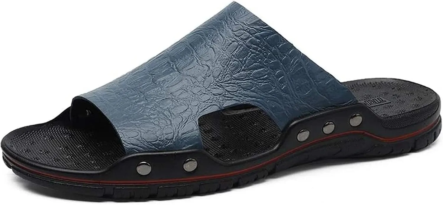 Beach Slippers Men's Leather Slide Sandals Anti- Slip Outdoor Beach Slippers Casual Oversized Sandals Shoes Bath Slippers (Color : Brown Size : 48) (Haze Blue 43)
