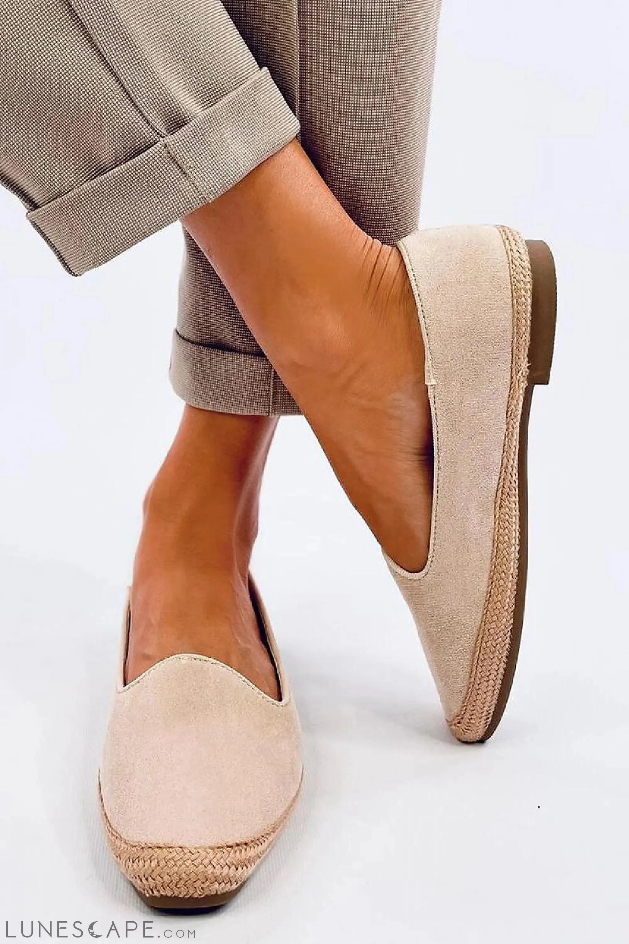 Beige Pink Round-Toe Eco-Suede Womens Espadrille Loafer Flats