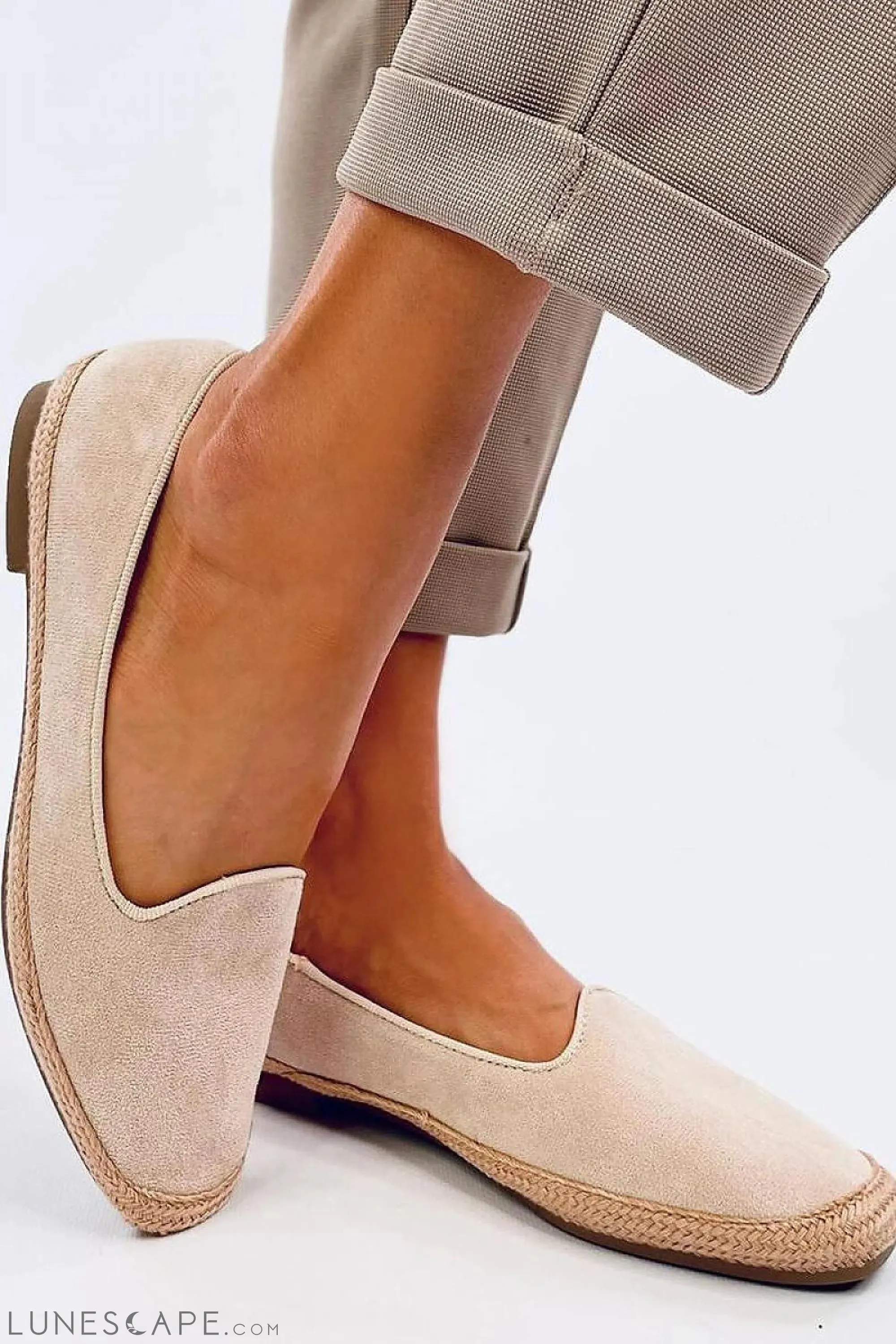 Beige Pink Round-Toe Eco-Suede Womens Espadrille Loafer Flats