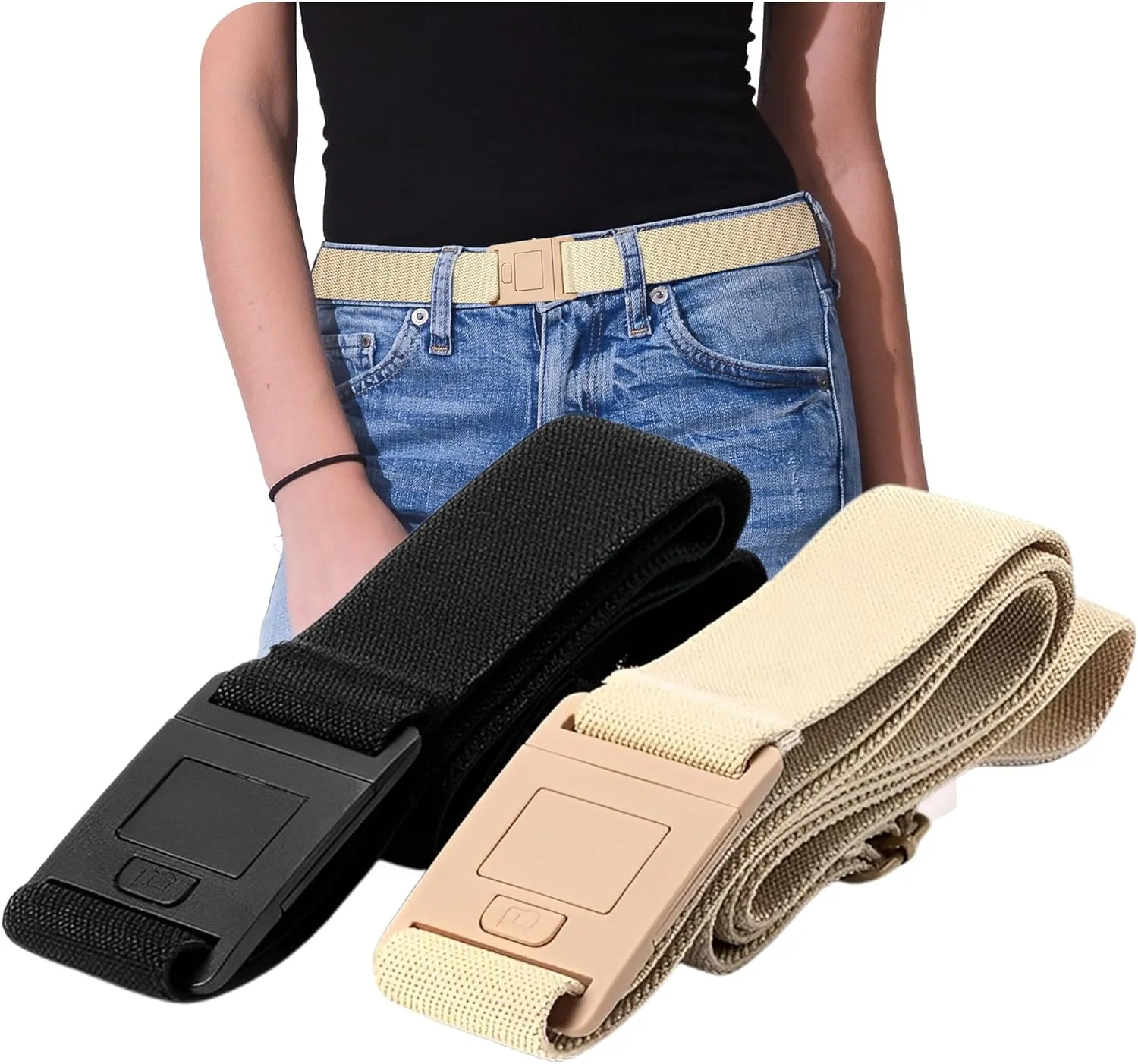 BELTAWAY Easily Adjustable Elastic Flat Buckle No Show Belts for Women – Stretch No Bulge jeans pants