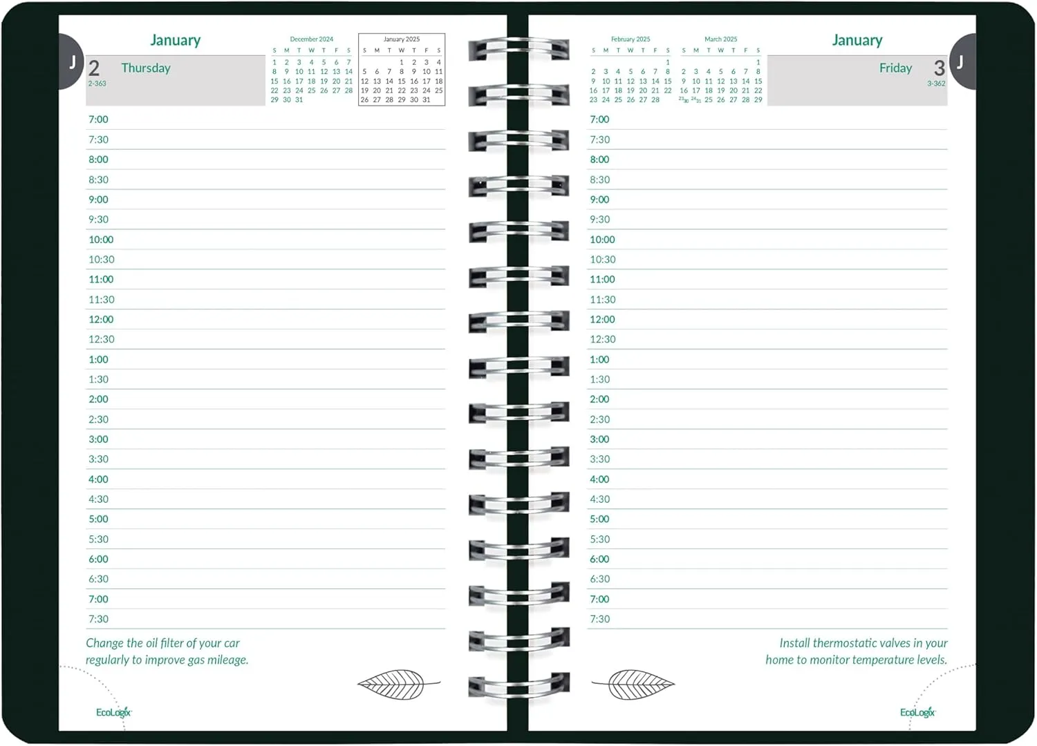 Brownline® 2025 EcoLogix® Daily Planner, Appointment Book, 12 Months, January to December, Twin-Wire Binding, 8" x 5", Black, Recycled (CB410W.BLK-25)