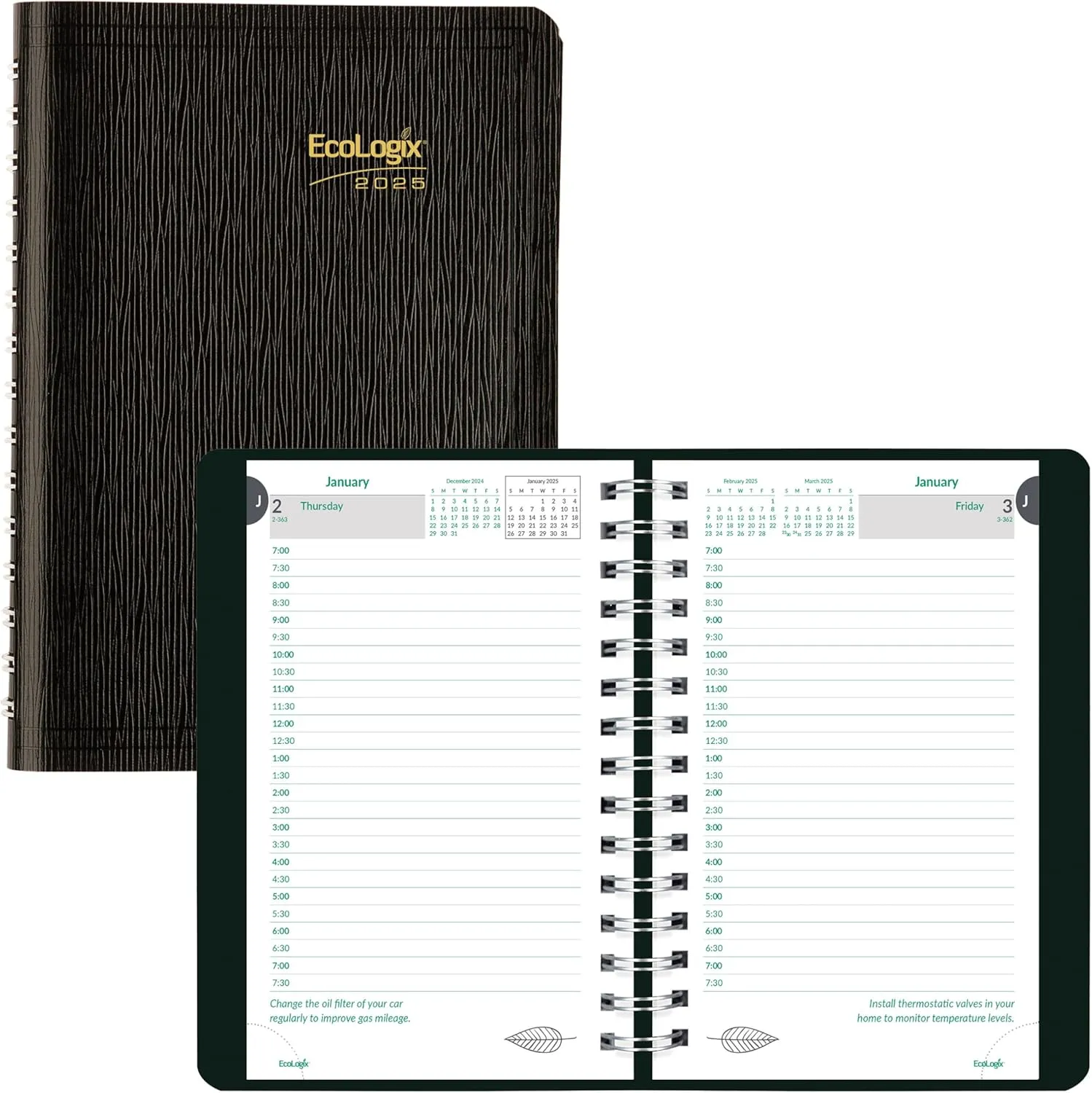 Brownline® 2025 EcoLogix® Daily Planner, Appointment Book, 12 Months, January to December, Twin-Wire Binding, 8" x 5", Black, Recycled (CB410W.BLK-25)