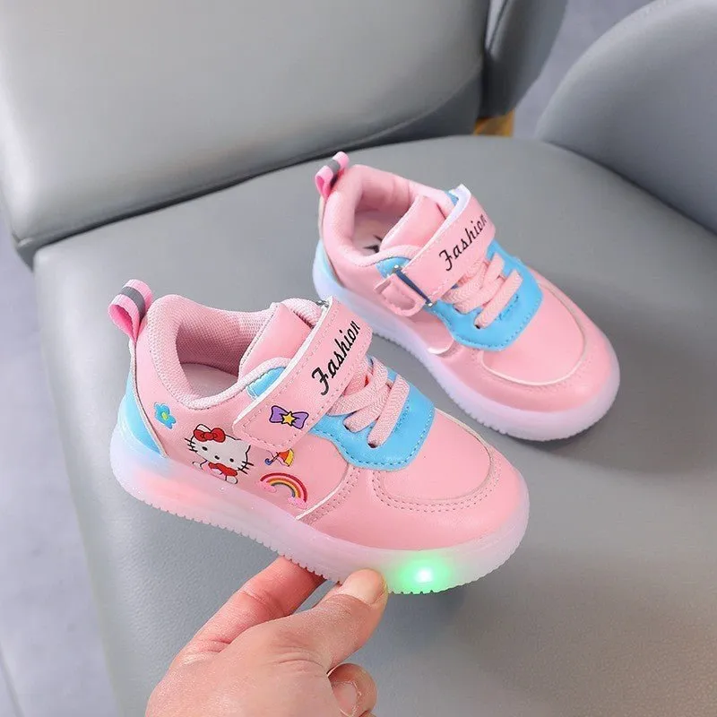 Cartoon LED Light-Up Sneakers for Girls - Leather Sports Shoes (1-6 Years)