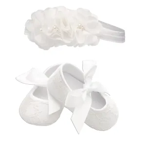 Cherished Moments Baby Baptism Shoe with Lace in Light Ivory with Headband, Gift for Christening or Dedication for Baby Girl (Sizes 1)