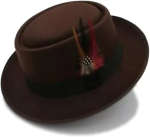 Classic Pork Pie Hat with Feathers Flat Top Fedora, Vintage Panama Hat, Warm Comfortable Hat Jazz Hat