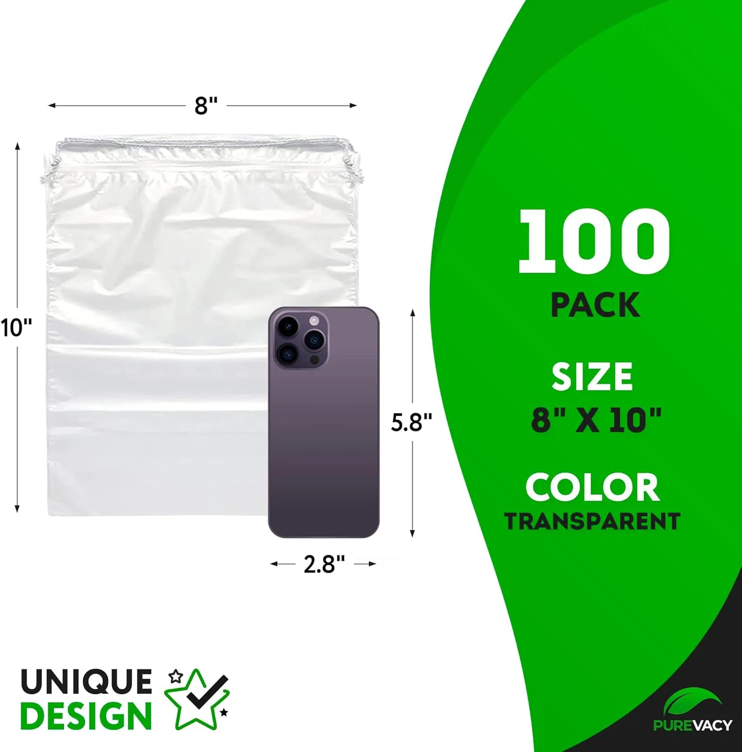 Clear Drawstring Bag, 8 x 10 Inches. 100 Pack Clear Plastic Drawstring Bags. 2 Mil Double Drawstring Clear Plastic Bags. Waterproof Clear Drawstring Bags for Goodies, Travel Essentials